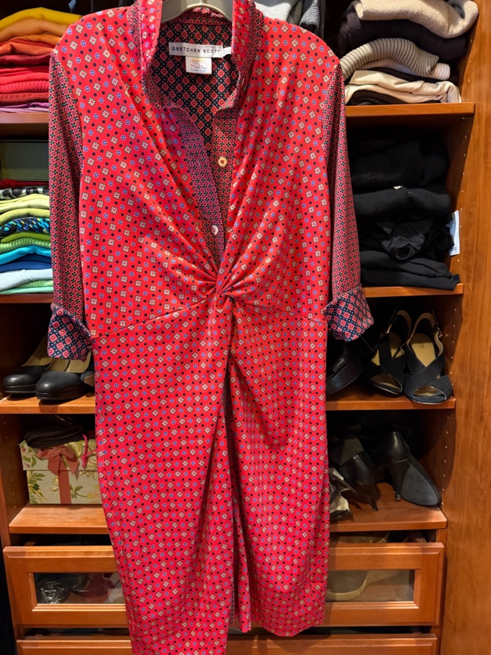 Gretchen Scott Designs Red Geometric Print Twist & Shout Dress. Size-Goddess
